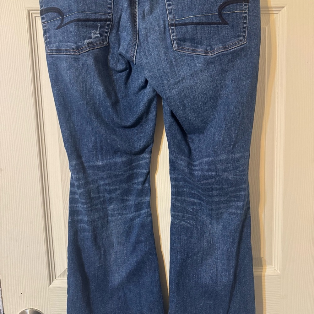 American Eagle Outfitters Blue Ripped Flare Super Stretch Jeans - Picture 8 of 11